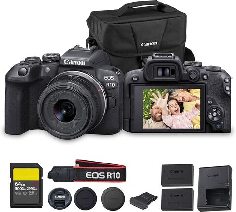 Canon EOS R10 Mirrorless Camera with RF-S 18-150mm Lens – 24.2MP APS-C Sensor, 4K 60p Video, Dual Pixel AF II, Compact Travel-Friendly Design (5331C016) + 64GB Card + LP-E17 Battery + Shoulder Bag in Kuwait
