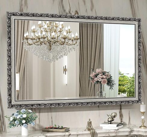 Vintage Bathroom Mirrors for Wall, Rectangle Silver Frame Wall Mounted Mirror Vertical or Horizontal Hanging for Living Room, Bedroom (32" X 24" Silver) in Saudi Arabia