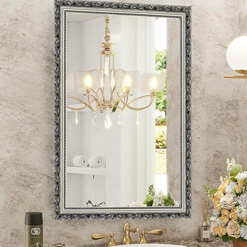 Vintage Bathroom Mirrors for Wall, Rectangle Silver Frame Wall Mounted Mirror Vertical or Horizontal Hanging for Living Room, Bedroom (32" X 24" Silver) in Saudi Arabia
