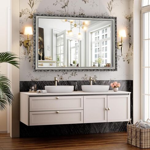 Vintage Bathroom Mirrors for Wall, Rectangle Silver Frame Wall Mounted Mirror Vertical or Horizontal Hanging for Living Room, Bedroom (32" X 24" Silver) in Saudi Arabia