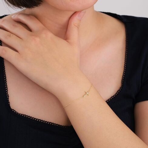 MIONZA 14k Gold Plated Cross Bracelet for Women, Bracelets, Real Gold Sideways Adjustable Bracelet for Women, Christian Baptism Gift in Kuwait