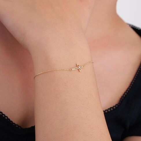 MIONZA 14k Gold Plated Cross Bracelet for Women, Bracelets, Real Gold Sideways Adjustable Bracelet for Women, Christian Baptism Gift in Kuwait