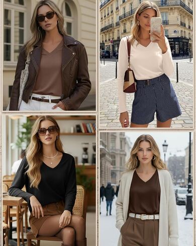 Huukeay 5 Pack Women's T-Shirts V Neck Long Sleeve Tops Casual Loose Fit Layering Shirts Flat Hem Basic Plain Work Tees in Saudi Arabia