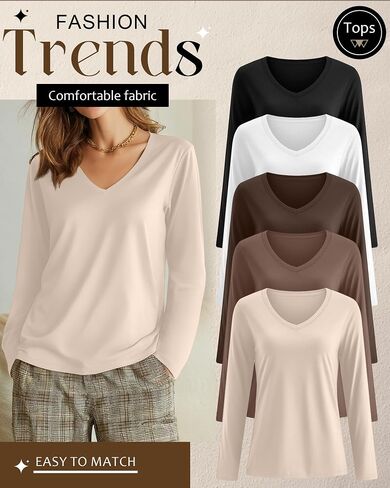 Huukeay 5 Pack Women's T-Shirts V Neck Long Sleeve Tops Casual Loose Fit Layering Shirts Flat Hem Basic Plain Work Tees in Saudi Arabia