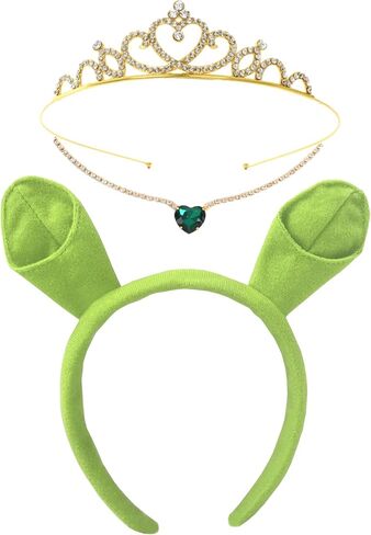 3Pcs Green Ears Headband Princess Crown Necklace Halloween Dress up Costume Accessories Set Women Cosplay Party Supplies in Saudi Arabia