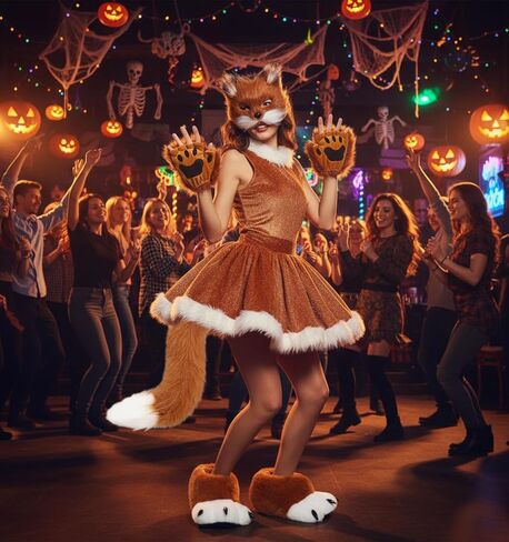 Newcotte 6 Pcs Halloween Faux Fur Fox Costume Set for Adult Women, Plush Wolf Mask Tail Fluffy Paws Gloves Boots for Party in Saudi Arabia