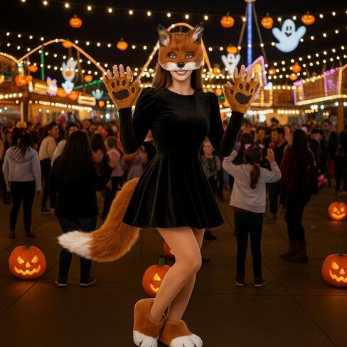 Newcotte 6 Pcs Halloween Faux Fur Fox Costume Set for Adult Women, Plush Wolf Mask Tail Fluffy Paws Gloves Boots for Party in Saudi Arabia