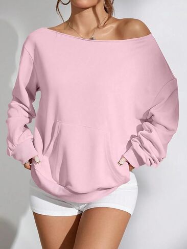 Remidoo Womens Off Shoulder Sweatshirt Leopard Drop Shoulder Oversized Long Sleeve Pullover Top Brown Small in Saudi Arabia