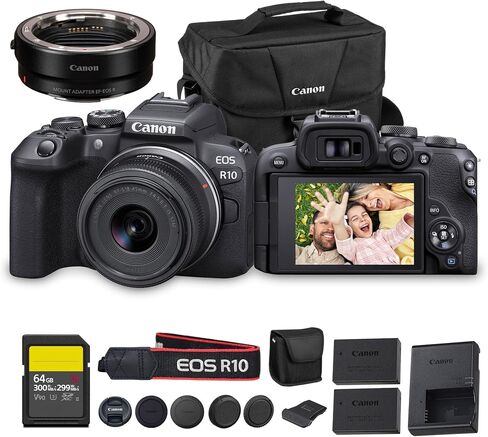Canon EOS R10 Camera بدون مرآة مع عدسة RF-S 18-150 مم-مستشعر APS-C 24.2MP ، فيديو 4K 60P ، Pixel AF II ، تصميم ملائم للسفر (5331C016) + محول EF-EOS R + 64GB + أكثر in Saudi Arabia