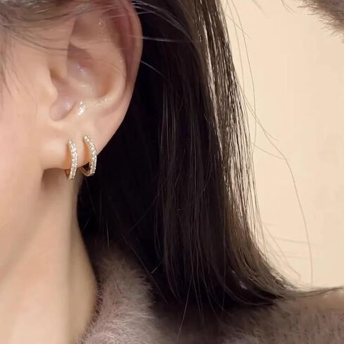 Small Double Hoop Huggie Earrings for Women, Trendy 14K Gold/Silver Plated Hypoallergenic Cubic Zirconia Small Hoop Earrings Jewelry in Saudi Arabia