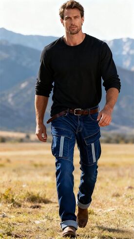 Men's Biker Moto Style Distressed Slim Fit Straight Leg Stretch Denim Jeans in Saudi Arabia