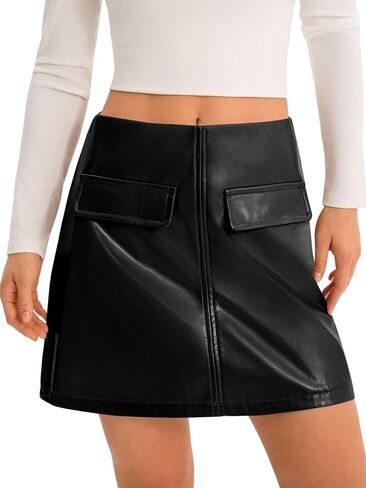 Yousify Womens Faux Leather Mini Skirts High Waisted A-Line Fall Short Skirt with Pockets in Saudi Arabia