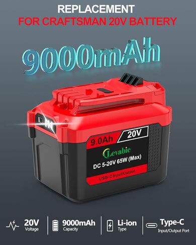 【USB-C الشحن السريع】 استبدال بطارية 20V Craftsman مع منفذ الإدخال/الإخراج USB-C 65W ، متوافق مع بطارية CMCB204 CMCB204 ، CMCB205 ، CMCB206 ، CMCB209 ، CMCB202 ، CMCB201 ، CMCB201 in Kuwait