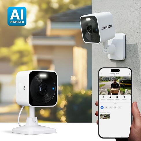 Defender Go 2K AI Plug-in Indoor/Outdoor Home ، Business ، Pet ، Baby Camera ، Detection AI ، Gigaxtreme Gext-Gen Dual Band Connection ، Spotlight/Siren ، Color Night Vision ، Clearvu App ، 2 pack in Kuwait