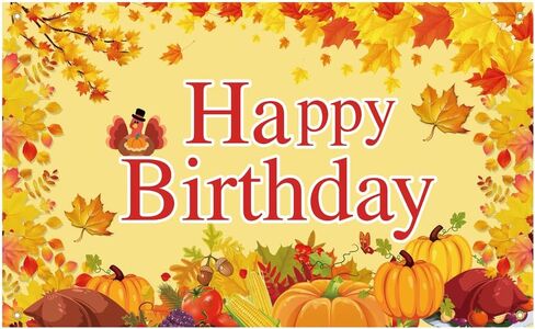 Large Happy Birthday Backdrop Fall Themed, Fabric Thanksgiving Birthday Backdrop Decorations, Featuring Pumpkins, Turkey, Vibrant Fall Leaves, for Autumn Birthday Party Celebrations in Saudi Arabia
