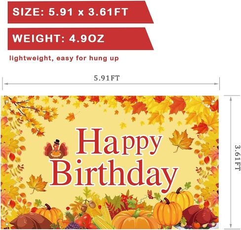 Large Happy Birthday Backdrop Fall Themed, Fabric Thanksgiving Birthday Backdrop Decorations, Featuring Pumpkins, Turkey, Vibrant Fall Leaves, for Autumn Birthday Party Celebrations in Saudi Arabia