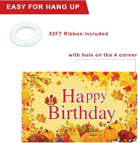 Large Happy Birthday Backdrop Fall Themed, Fabric Thanksgiving Birthday Backdrop Decorations, Featuring Pumpkins, Turkey, Vibrant Fall Leaves, for Autumn Birthday Party Celebrations in Saudi Arabia