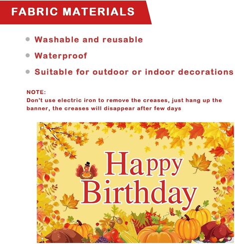 Large Happy Birthday Backdrop Fall Themed, Fabric Thanksgiving Birthday Backdrop Decorations, Featuring Pumpkins, Turkey, Vibrant Fall Leaves, for Autumn Birthday Party Celebrations in Saudi Arabia
