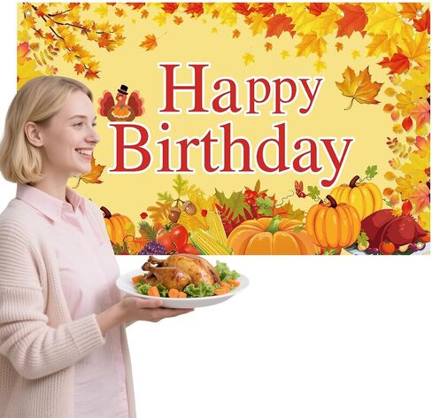 Large Happy Birthday Backdrop Fall Themed, Fabric Thanksgiving Birthday Backdrop Decorations, Featuring Pumpkins, Turkey, Vibrant Fall Leaves, for Autumn Birthday Party Celebrations in Saudi Arabia