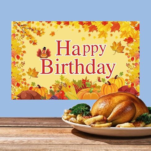 Large Happy Birthday Backdrop Fall Themed, Fabric Thanksgiving Birthday Backdrop Decorations, Featuring Pumpkins, Turkey, Vibrant Fall Leaves, for Autumn Birthday Party Celebrations in Saudi Arabia