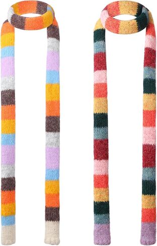 2 Pcs Y2k Striped Scarf for Women Long Skinny Scarf Fuzzy Fluffy Neckerchief Colorful Rainbow Knit Thin Scarves Accessories for Fall Winter Christmas Gift in Saudi Arabia