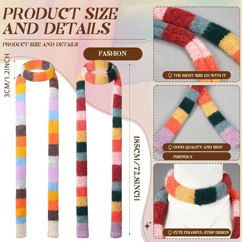 2 Pcs Y2k Striped Scarf for Women Long Skinny Scarf Fuzzy Fluffy Neckerchief Colorful Rainbow Knit Thin Scarves Accessories for Fall Winter Christmas Gift in Saudi Arabia