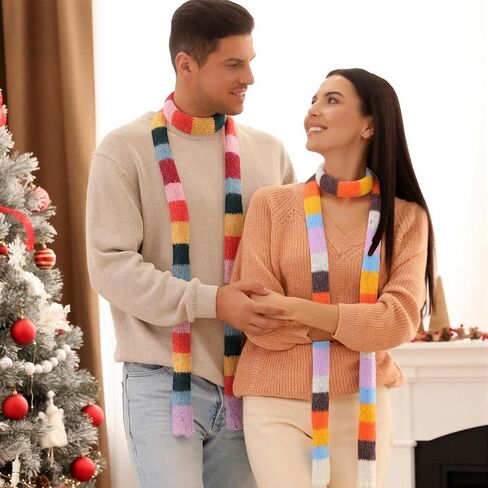 2 Pcs Y2k Striped Scarf for Women Long Skinny Scarf Fuzzy Fluffy Neckerchief Colorful Rainbow Knit Thin Scarves Accessories for Fall Winter Christmas Gift in Saudi Arabia