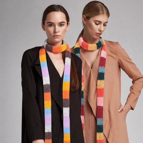 2 Pcs Y2k Striped Scarf for Women Long Skinny Scarf Fuzzy Fluffy Neckerchief Colorful Rainbow Knit Thin Scarves Accessories for Fall Winter Christmas Gift in Saudi Arabia