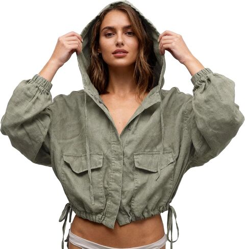Amazhiyu Women's Pure Linen Button Front Long Sleeve Drawstring Hooded Jacket Coat in Saudi Arabia