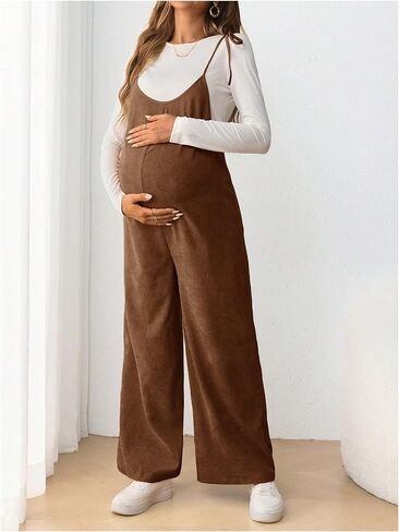 OYOANGLE Women's Maternity Wide Leg Overalls U Neck Spaghetti Strap Pregnancy Jumpsuits in Saudi Arabia