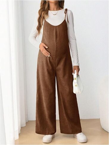 OYOANGLE Women's Maternity Wide Leg Overalls U Neck Spaghetti Strap Pregnancy Jumpsuits in Saudi Arabia