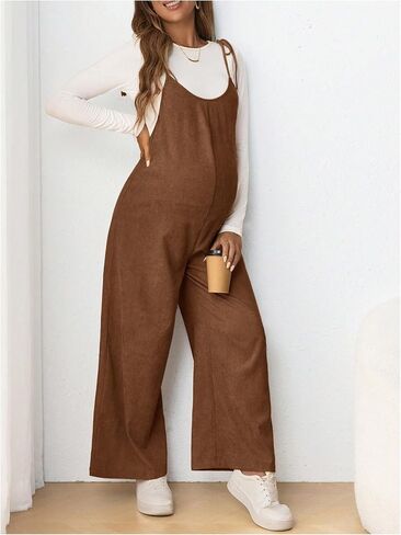 OYOANGLE Women's Maternity Wide Leg Overalls U Neck Spaghetti Strap Pregnancy Jumpsuits in Saudi Arabia
