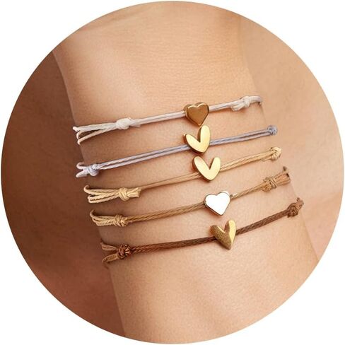 5 Pcs String Bracelets, Adjustable Heart Bracelet Bulk with Gold Heart Cord Blue gradient Bracelets for Women in Saudi Arabia