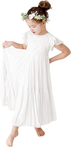 Boho Flower Girl Dress Lace Ruffle Chiffon A-Line Long with Sleeves for Wedding Party Birthday in Kuwait