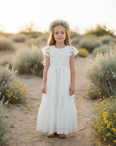 Boho Flower Girl Dress Lace Ruffle Chiffon A-Line Long with Sleeves for Wedding Party Birthday in Kuwait