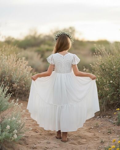 Boho Flower Girl Dress Lace Ruffle Chiffon A-Line Long with Sleeves for Wedding Party Birthday in Kuwait