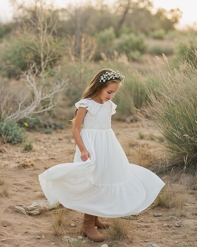 Boho Flower Girl Dress Lace Ruffle Chiffon A-Line Long with Sleeves for Wedding Party Birthday in Kuwait