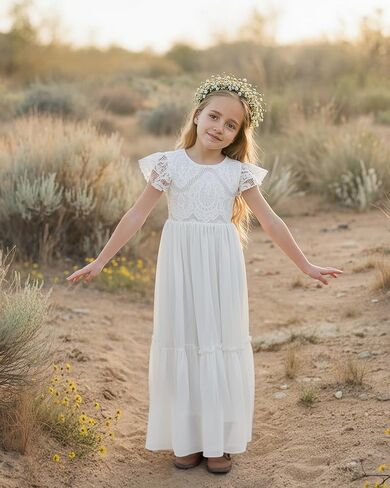 Boho Flower Girl Dress Lace Ruffle Chiffon A-Line Long with Sleeves for Wedding Party Birthday in Kuwait