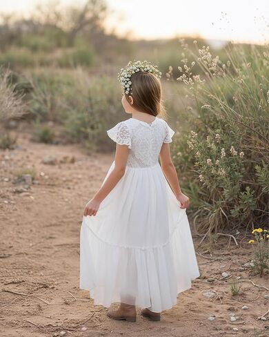 Boho Flower Girl Dress Lace Ruffle Chiffon A-Line Long with Sleeves for Wedding Party Birthday in Kuwait