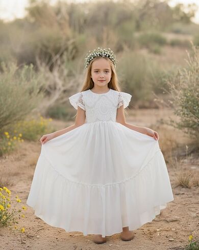 Boho Flower Girl Dress Lace Ruffle Chiffon A-Line Long with Sleeves for Wedding Party Birthday in Kuwait