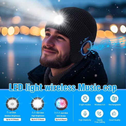 قبعة صغيرة LED بتقنية البلوتوث، قبعة صغيرة موسيقية قابلة لإعادة الشحن لفصل الشتاء، قبعة للمصابيح الأمامية وقبعة موسيقية ومكالمات، 3 أوضاع إضاءة للجري والمشي لمسافات طويلة والتخييم، أسود (للجنسين) in Kuwait