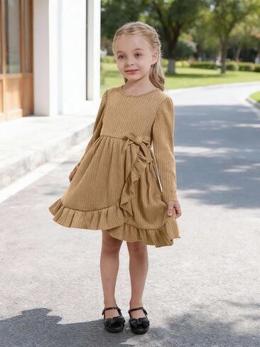 فستان الخريف للفتيات الصغيرات من القطن بتنورة غير منتظمة للحفلات والأميرة بأكمام طويلة وفساتين كاجوال للشتاء للفتيات الصغيرات in Kuwait