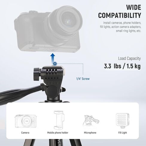 NEEWER BASICS Camera Tripod, 71'' Tripod with Cell Phone Holder Mount Compatible with iPhone for Video Recording, Professional Aluminum Lightweight Portable Travel Stand with 3 Way Pan Tilt Head, TP55 in Saudi Arabia