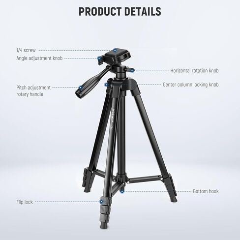 NEEWER BASICS Camera Tripod, 71'' Tripod with Cell Phone Holder Mount Compatible with iPhone for Video Recording, Professional Aluminum Lightweight Portable Travel Stand with 3 Way Pan Tilt Head, TP55 in Saudi Arabia
