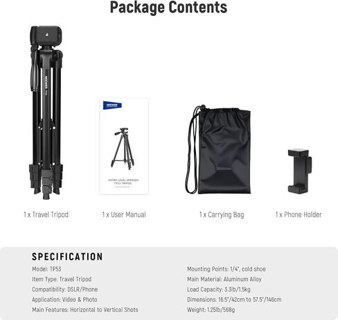NEEWER BASICS Camera Tripod, 71'' Tripod with Cell Phone Holder Mount Compatible with iPhone for Video Recording, Professional Aluminum Lightweight Portable Travel Stand with 3 Way Pan Tilt Head, TP55 in Saudi Arabia