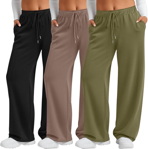 3 Pack Women's Plus Size Wide Leg Pants High Waist Lounge Yoga Sweatpants with Pockets Casual Drawstring Jogger in Saudi Arabia