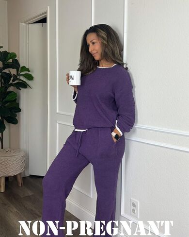 V FOR CITY Maternity Pajamas Women Fleece 2 Piece Lounge Set with Pockets Color Block Long Sleeve Sleepwear Winter in Saudi Arabia