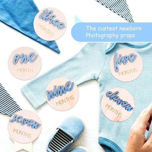 6 Pcs Wooden Baby Monthly Milestone signs,1-12 Months Milestone signs for Photos with Double-Sided 3D Engraving Newborn Age Signs for Baby (Blue) in Saudi Arabia