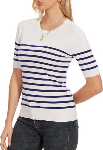 Sweaters for Women Striped Crew Neck Pullover Sweater Lightweight Long Sleeve Fall Knit Tops in Saudi Arabia