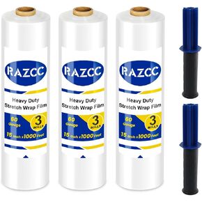 Stretch Film, RAZCC Stretch Wrap Industrial Strength, Shrink Wrap for Pallet Wrap, Heavy Duty Clear Plastic Wrap with Handles, Moving Wrapping Plastic Roll, 15" x 1000 Ft Per Roll, 60 Gauge, 2 Pack in Saudi Arabia